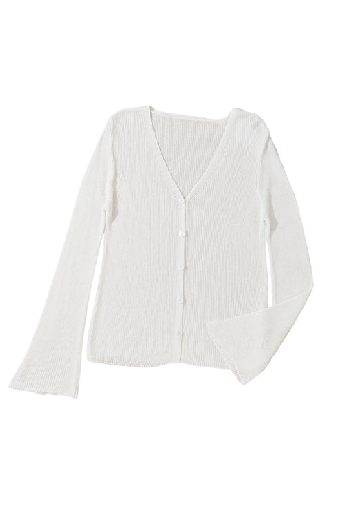 Ribbed Knit Bell Sleeve V-Neck Button Front Cardigan Sweater